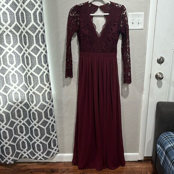 Lulus Awaken My Love Burgundy Long Sleeve Lace Maxi Dress Size Small - Picture 1 of 7
